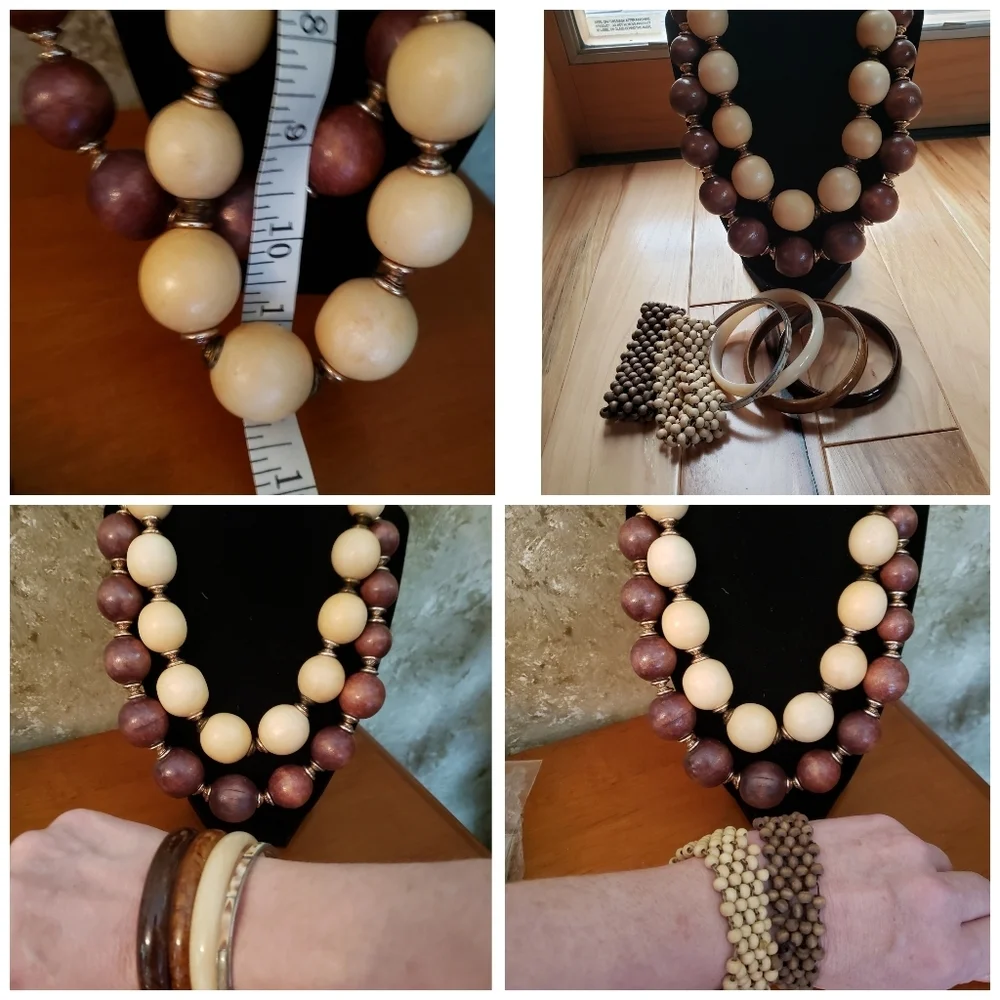 Boho Artisan Wooden Jewelry Set 2Necklaces 2 Bracelets Ivory Browns +4 Gifts New